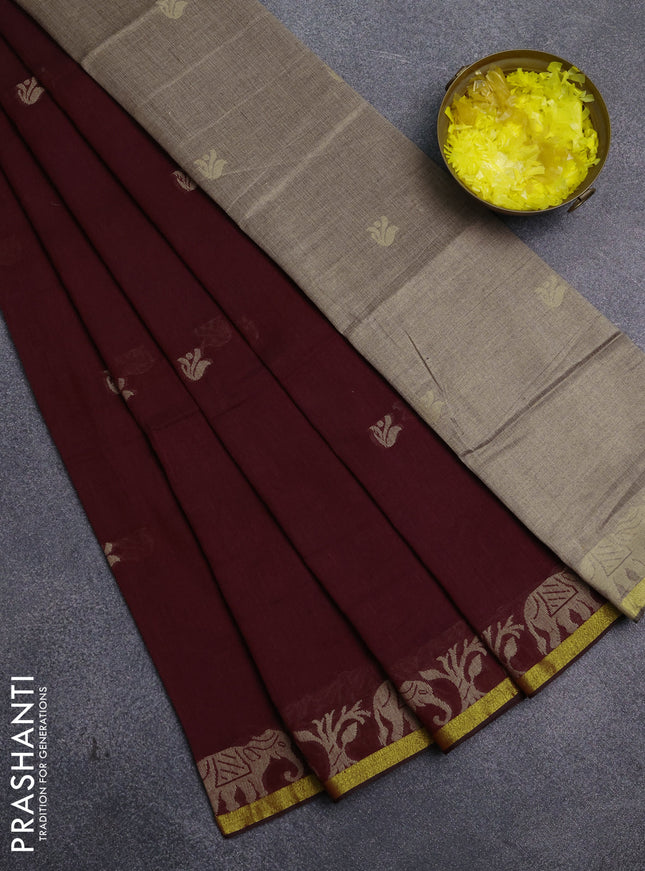 Bengal cotton saree deep wine shade with thread woven buttas and thread & zari woven border