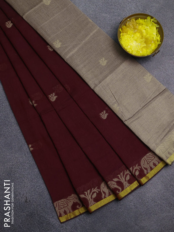 Bengal cotton saree deep wine shade with thread woven buttas and thread & zari woven border