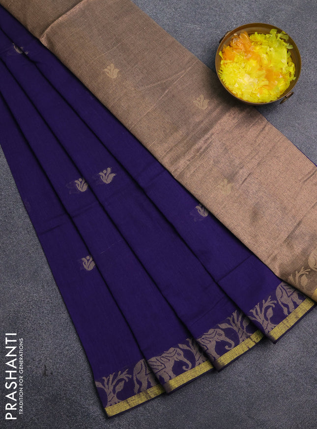 Bengal cotton saree blue with thread woven buttas and thread & zari woven border