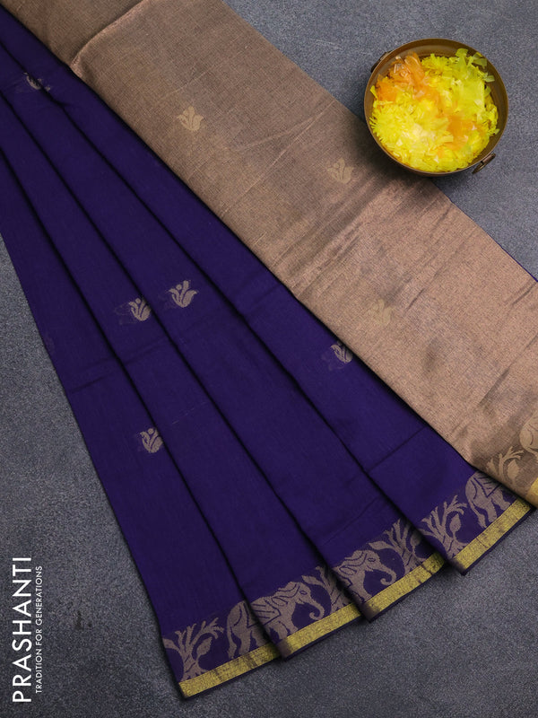 Bengal cotton saree blue with thread woven buttas and thread & zari woven border