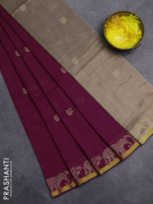 Bengal cotton saree dark magenta with thread woven buttas and thread & zari woven border