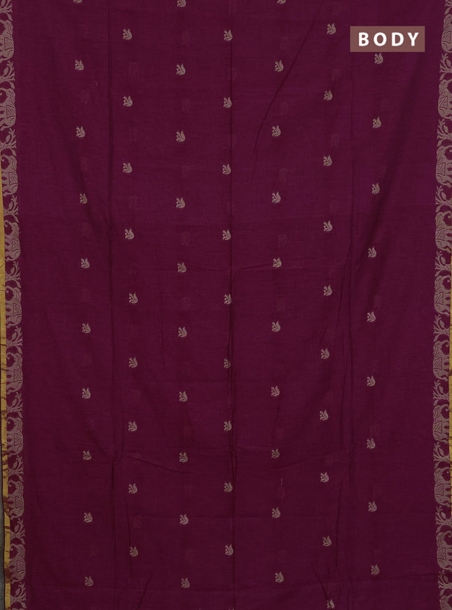 Bengal cotton saree dark magenta with thread woven buttas and thread & zari woven border