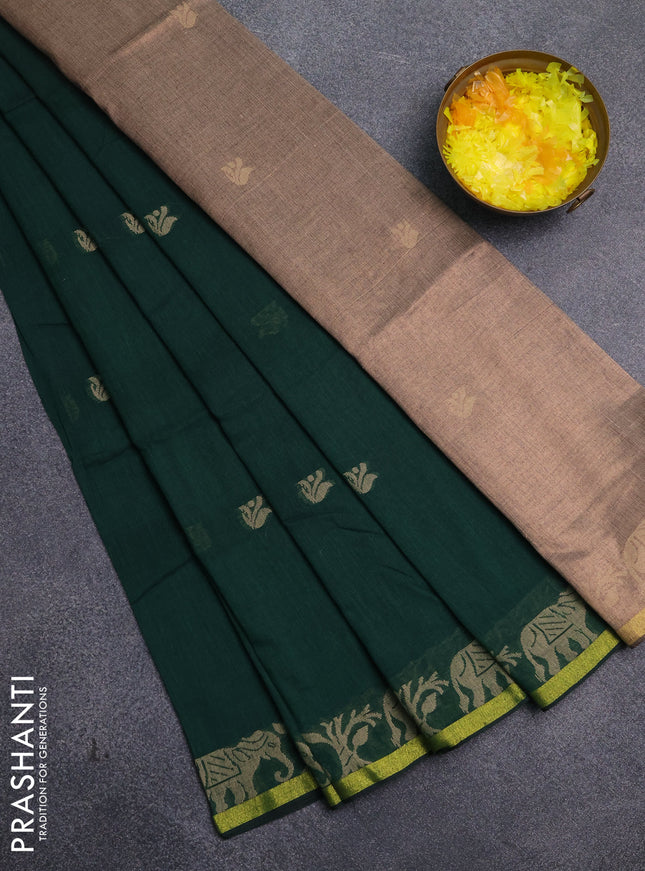 Bengal cotton saree green with thread woven buttas and thread & zari woven border