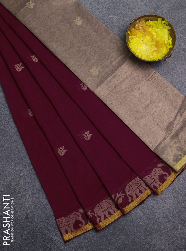 Bengal cotton saree maroon with thread woven buttas and thread & zari woven border