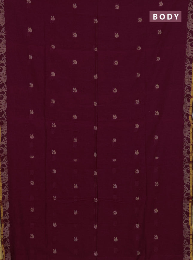 Bengal cotton saree maroon with thread woven buttas and thread & zari woven border