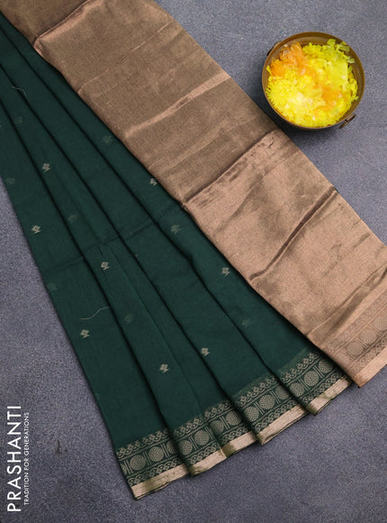 Bengal cotton saree bottle green with thread woven buttas and thread & zari woven border