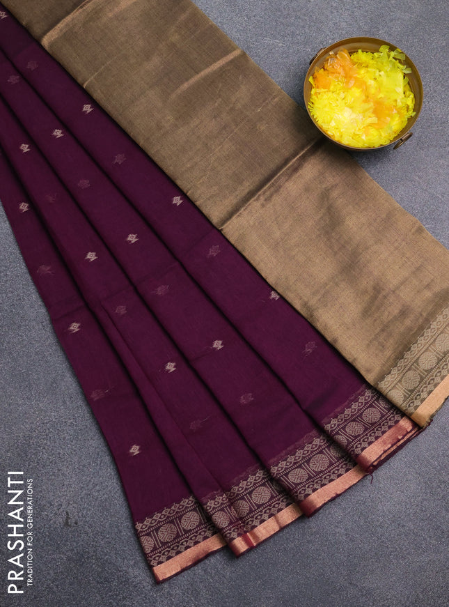Bengal cotton saree deep purple with thread woven buttas and thread & zari woven border