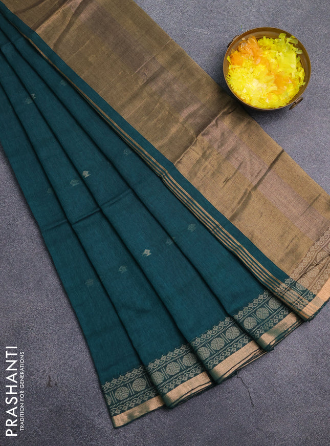 Bengal cotton saree peacock green with thread woven buttas and thread & zari woven border