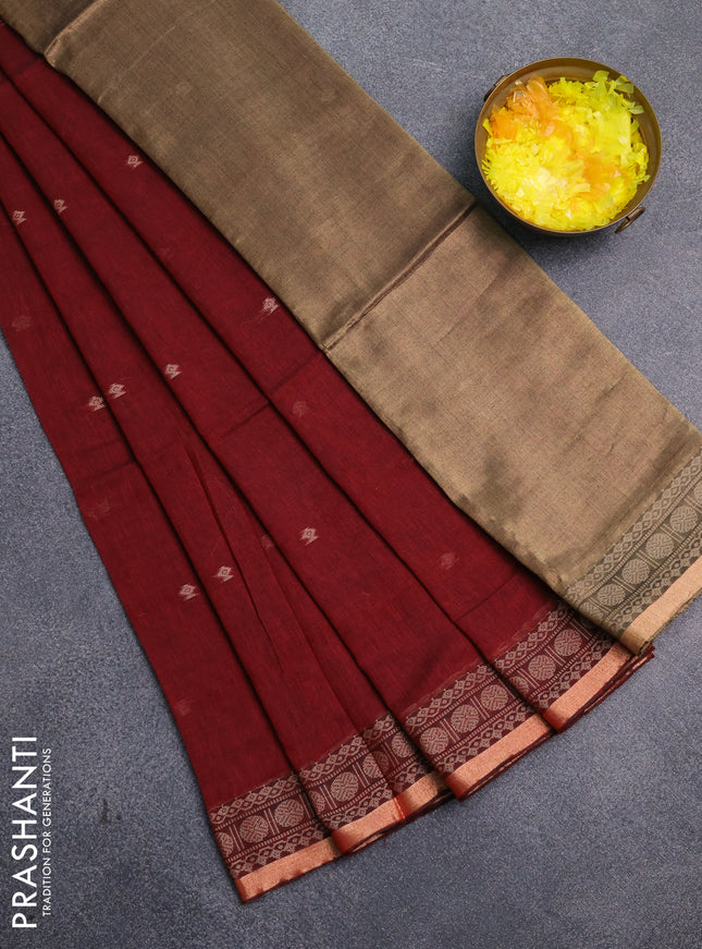 Bengal cotton saree deep maroon with thread woven buttas and thread & zari woven border