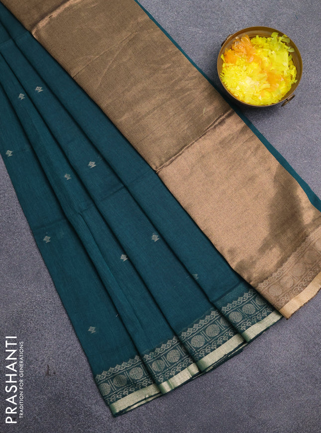 Bengal cotton saree teal green with thread woven buttas and thread & zari woven border