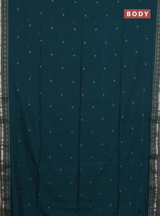 Bengal cotton saree teal green with thread woven buttas and thread & zari woven border