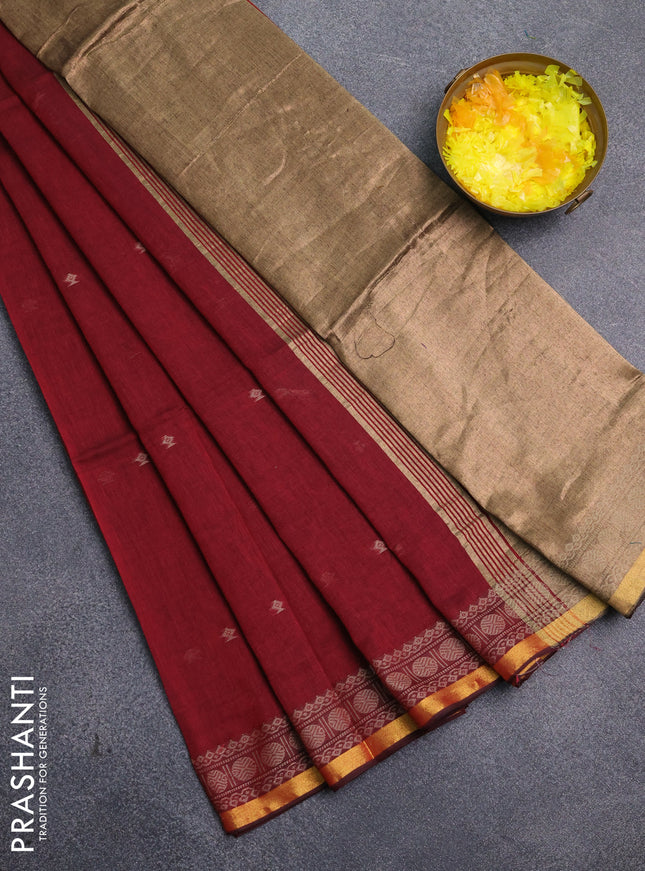 Bengal cotton saree maroon with thread woven buttas and thread & zari woven border