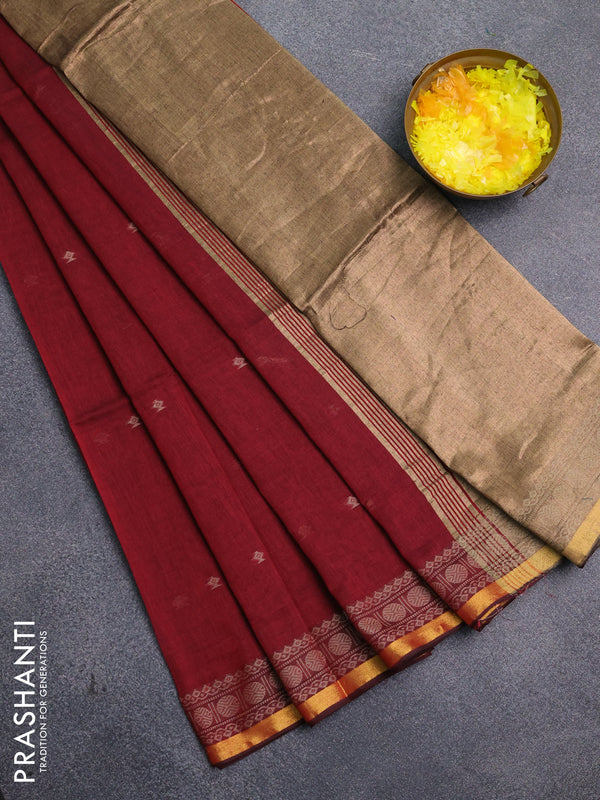 Bengal cotton saree maroon with thread woven buttas and thread & zari woven border