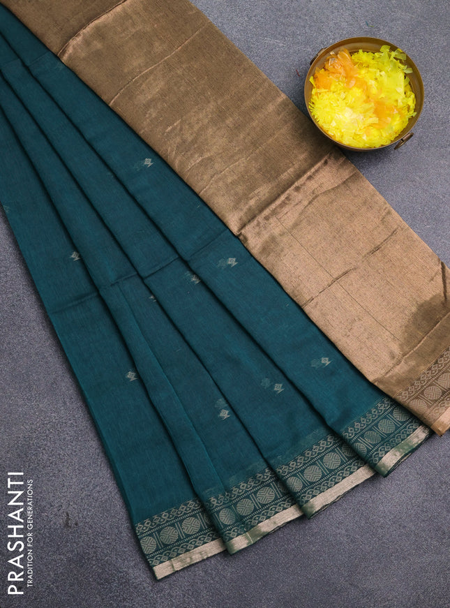 Bengal cotton saree peacock green with thread woven buttas and thread & zari woven border