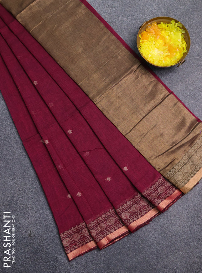 Bengal cotton saree magenta pink with thread woven buttas and thread & zari woven border