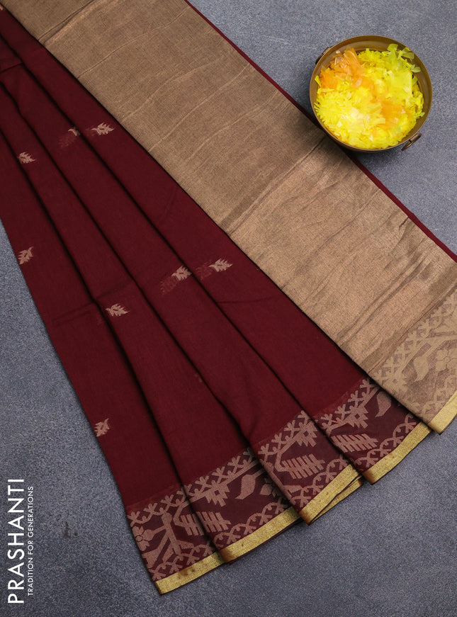 Bengal cotton saree deep maroon with thread woven buttas and thread & zari woven border