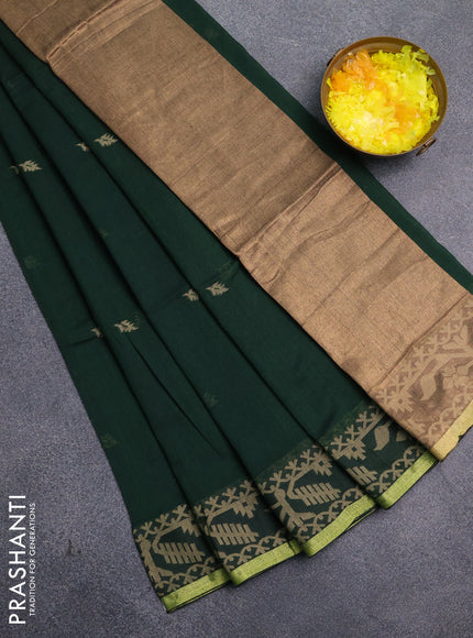 Bengal cotton saree dark green with thread woven buttas and thread & zari woven border