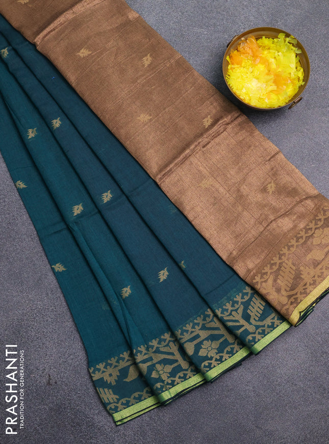 Bengal cotton saree peacock green with thread woven buttas and thread & zari woven border