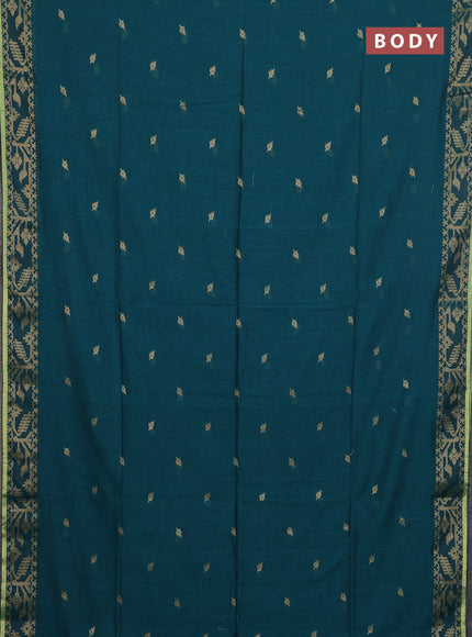 Bengal cotton saree peacock green with thread woven buttas and thread & zari woven border