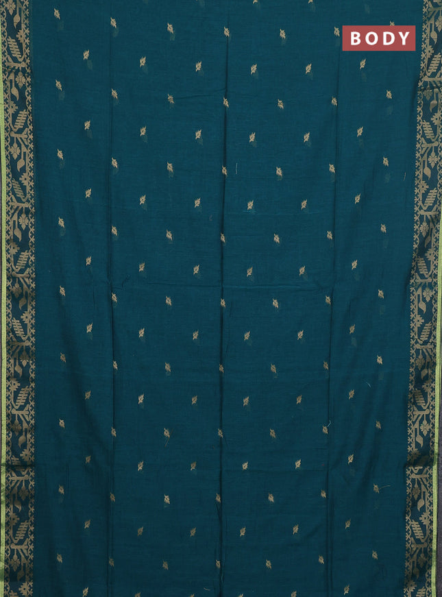 Bengal cotton saree peacock green with thread woven buttas and thread & zari woven border