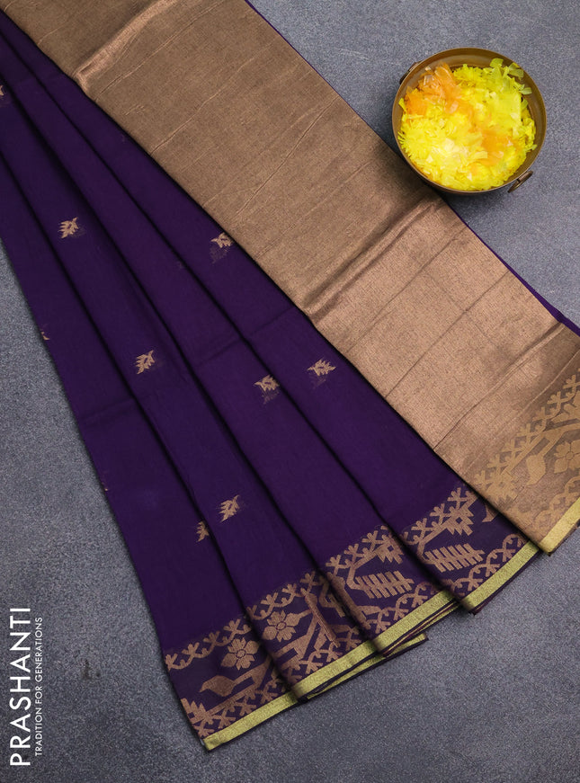 Bengal cotton saree purple with thread woven buttas and thread & zari woven border