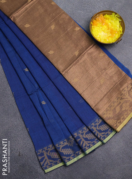Bengal cotton saree peacock blue with thread woven buttas and thread & zari woven border
