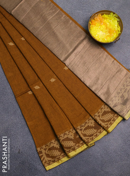 Bengal cotton saree dark mustard with thread woven buttas and thread & zari woven border