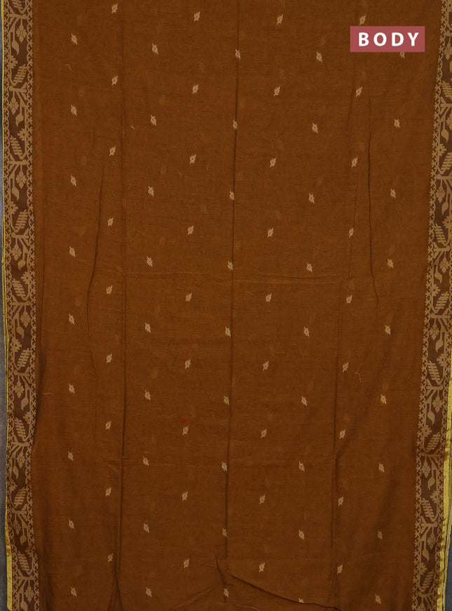 Bengal cotton saree dark mustard with thread woven buttas and thread & zari woven border
