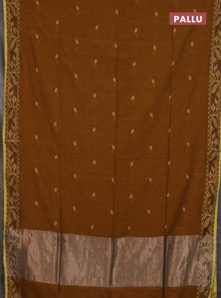 Bengal cotton saree dark mustard with thread woven buttas and thread & zari woven border
