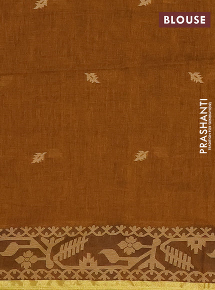 Bengal cotton saree dark mustard with thread woven buttas and thread & zari woven border