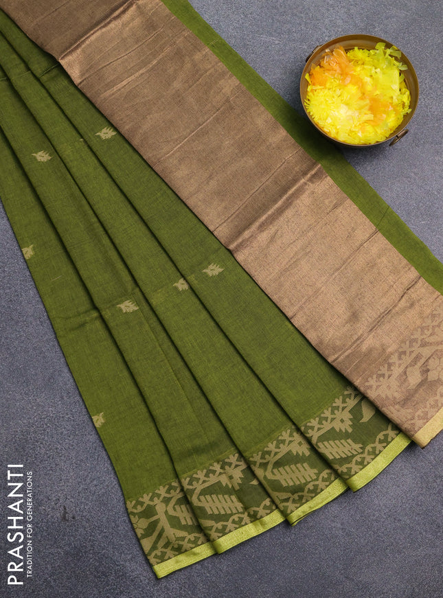 Bengal cotton saree light green with thread woven buttas and thread & zari woven border