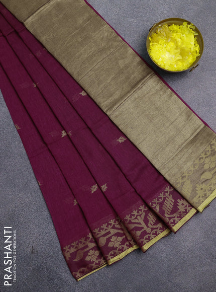 Bengal cotton saree dark magenta pink with thread woven buttas and thread & zari woven border