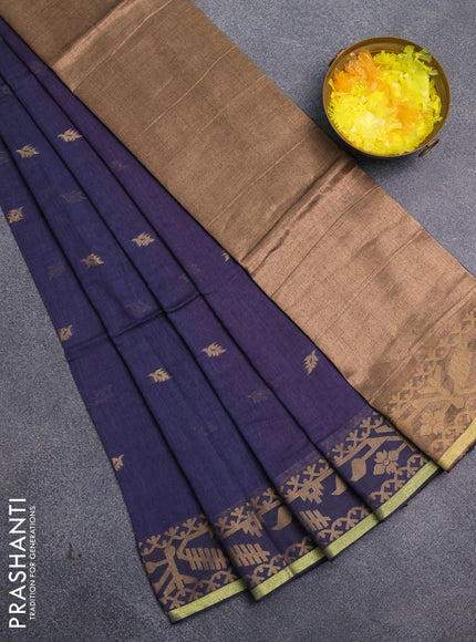 Bengal cotton saree blue shade with thread woven buttas and thread & zari woven border