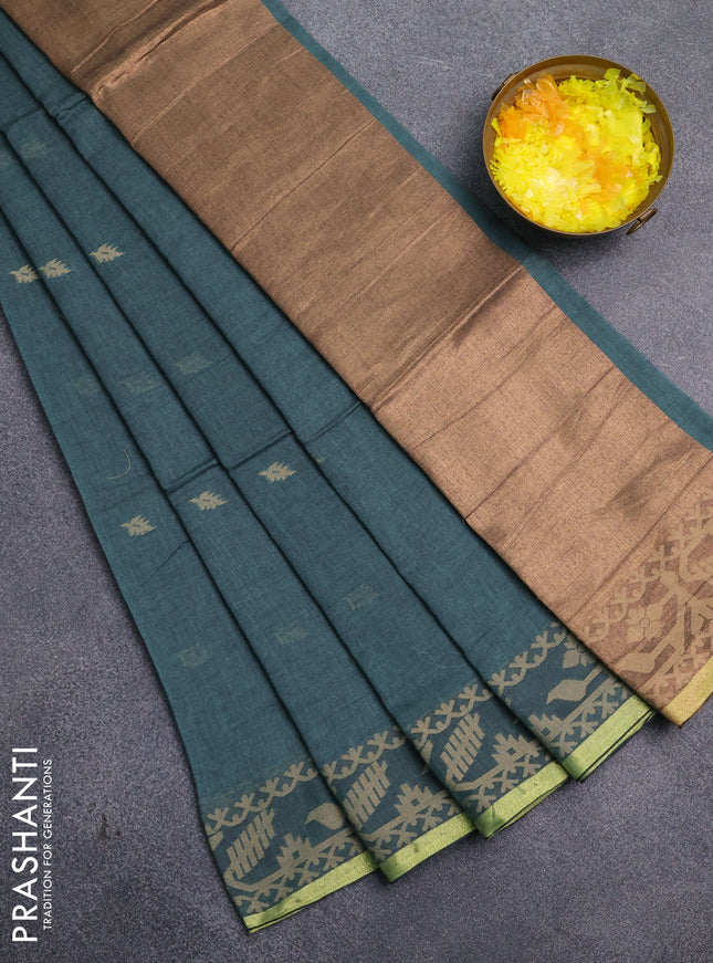 Bengal cotton saree green shade with thread woven buttas and thread & zari woven border