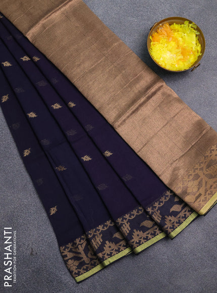 Bengal cotton saree navy blue with thread woven buttas and thread & zari woven border