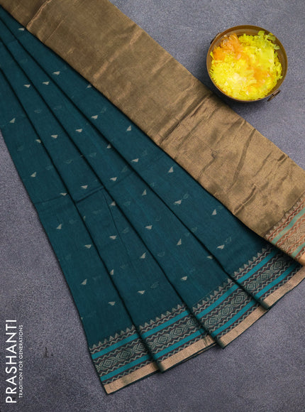 Bengal cotton saree peacock green with thread woven buttas and thread & zari woven border