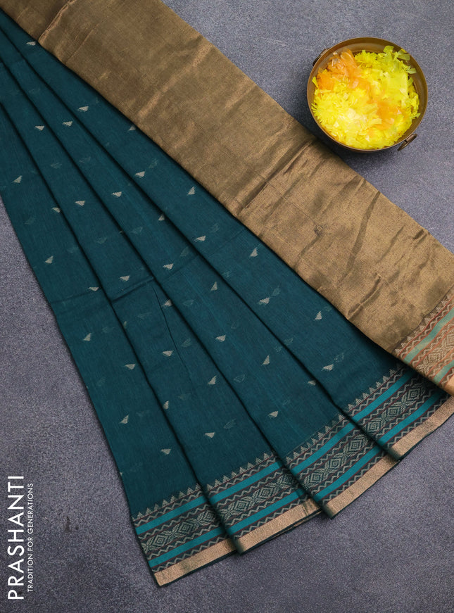 Bengal cotton saree peacock green with thread woven buttas and thread & zari woven border