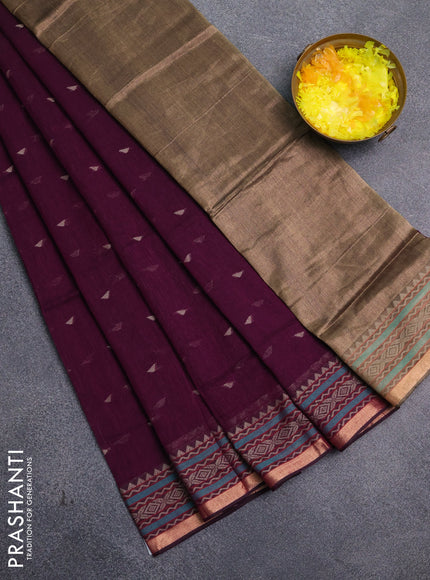 Bengal cotton saree purple with thread woven buttas and thread & zari woven border