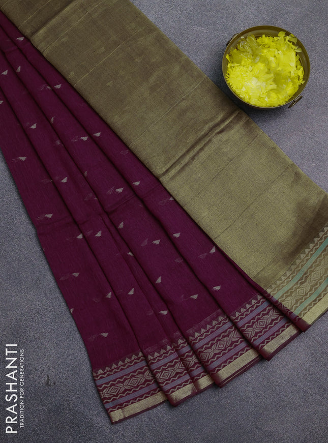 Bengal cotton saree dark magenta pink with thread woven buttas and thread & zari woven border