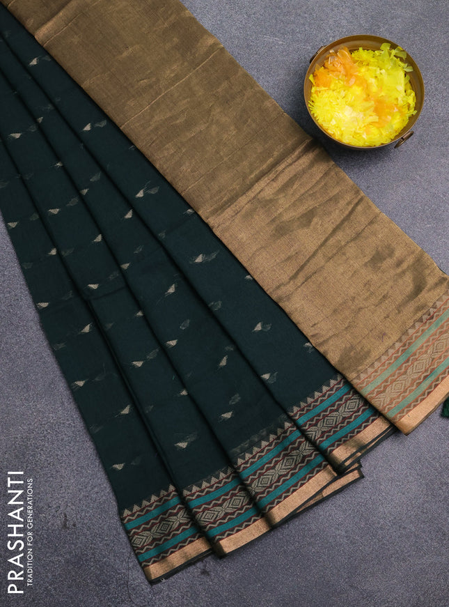 Bengal cotton saree bottle green with thread woven buttas and thread & zari woven border