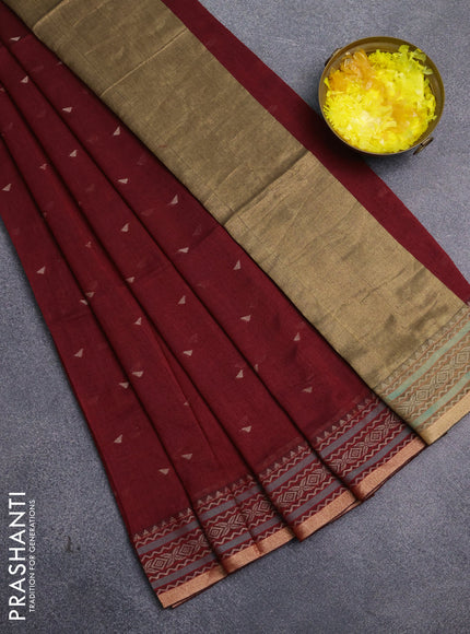 Bengal cotton saree maroon with thread woven buttas and thread & zari woven border