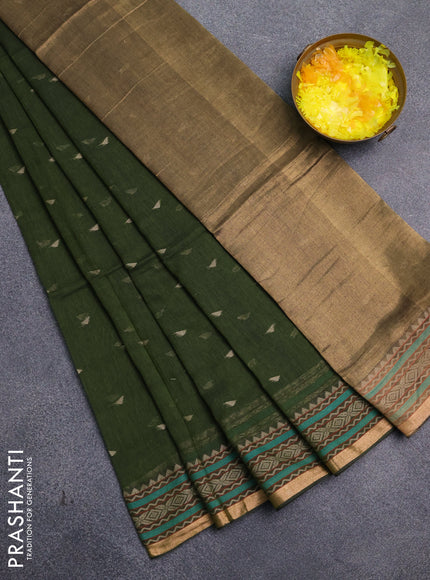 Bengal cotton saree mehendi green with thread woven buttas and thread & zari woven border