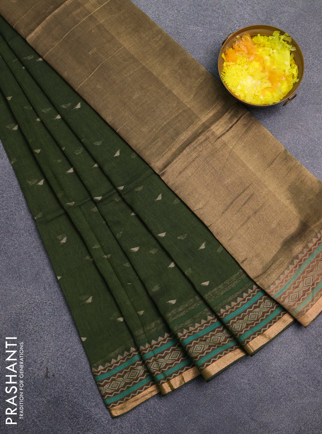 Bengal cotton saree mehendi green with thread woven buttas and thread & zari woven border