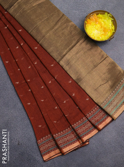 Bengal cotton saree rust shade with thread woven buttas and thread & zari woven border