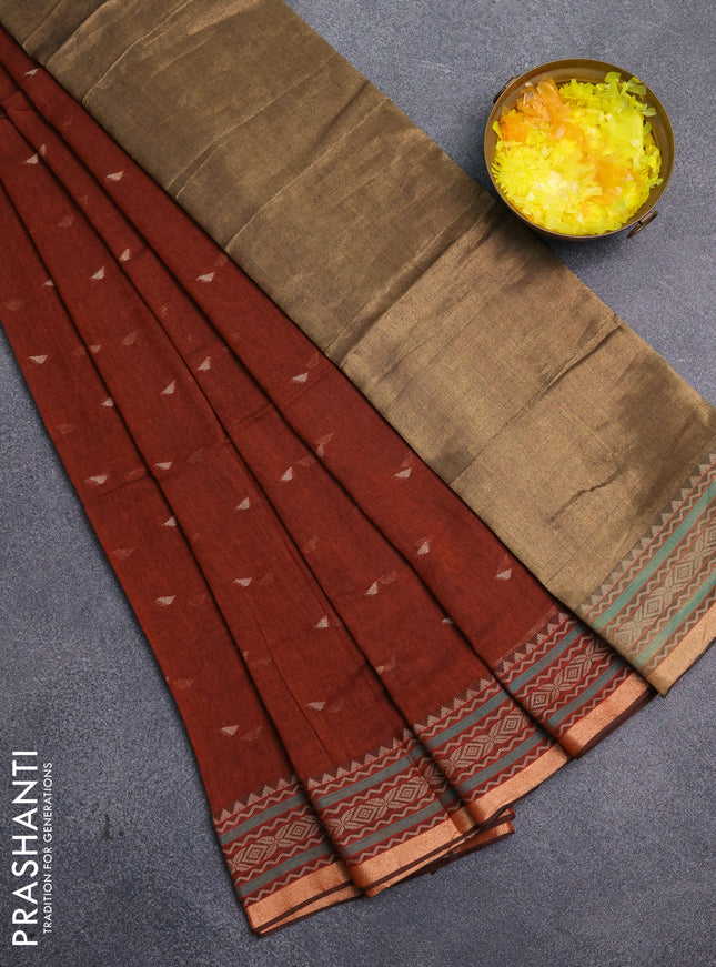 Bengal cotton saree rust shade with thread woven buttas and thread & zari woven border