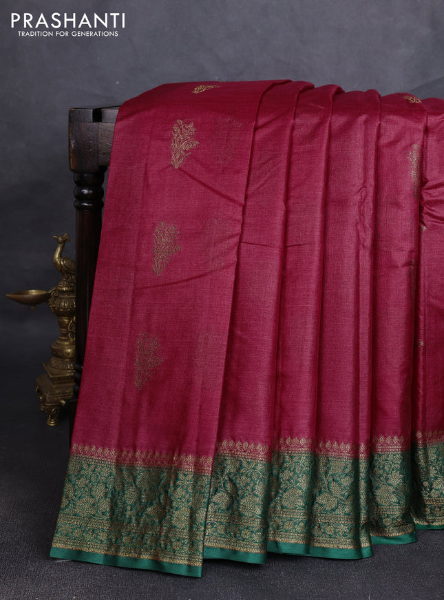 Banarasi tussar silk saree maroon and green with allover thread & zari woven buttas and woven border