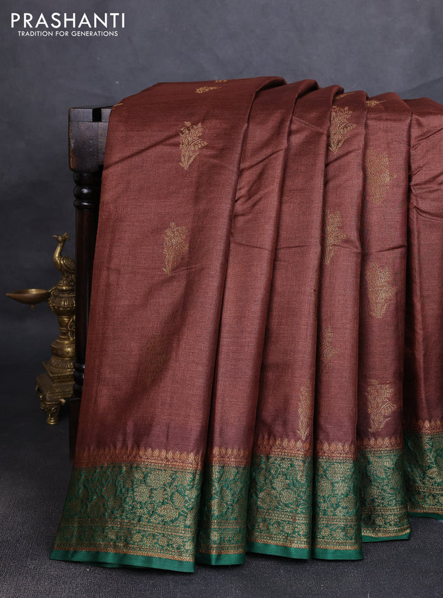 Banarasi tussar silk saree brown and green with allover thread & zari woven buttas and woven border
