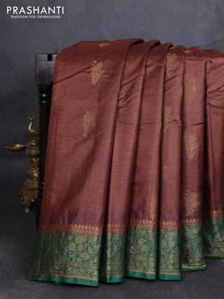 Banarasi tussar silk saree brown and green with allover thread & zari woven buttas and woven border