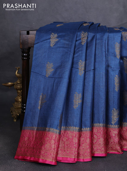 Banarasi tussar silk saree peacock blue and magenta pink with allover thread & zari woven buttas and woven border