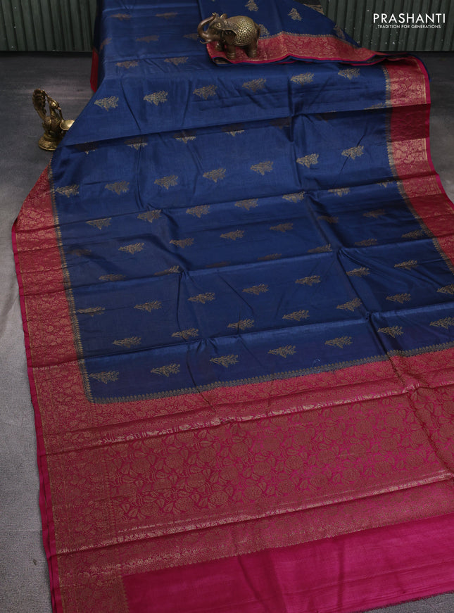 Banarasi tussar silk saree peacock blue and magenta pink with allover thread & zari woven buttas and woven border